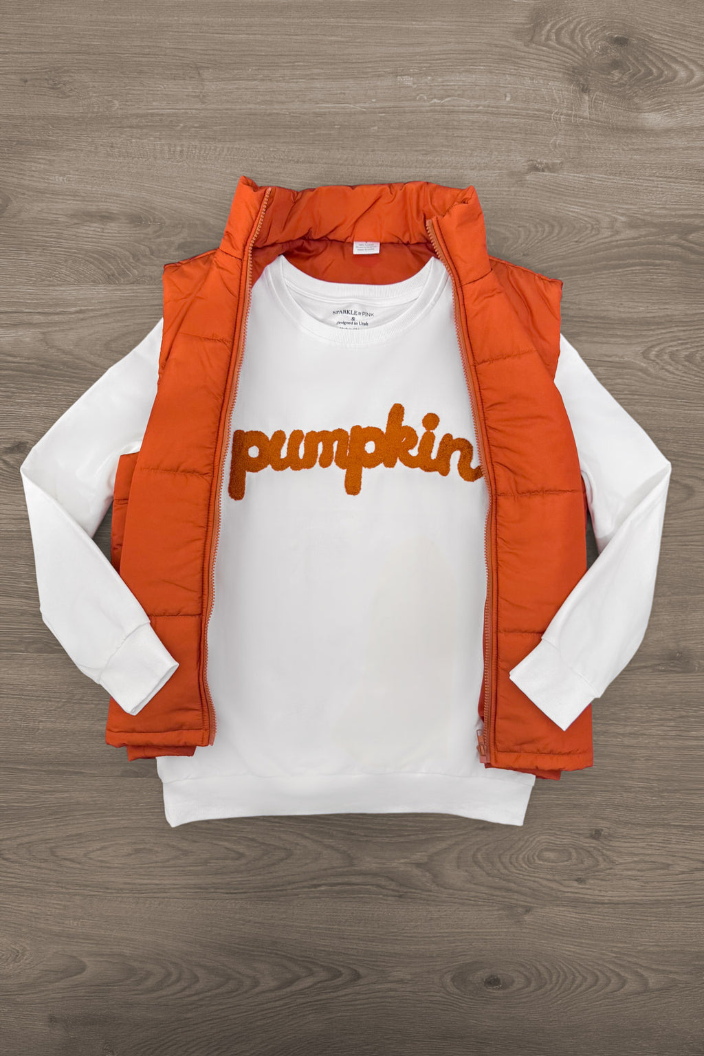 Mom & Me - "Pumpkin & Spice" Vest Set - MOM-XS - White long-sleeve shirt with orange "pumpkin" text paired with bright orange quilted vest.