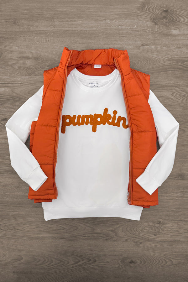Mom & Me - "Pumpkin & Spice" Vest Set - MOM-XS - White long-sleeve shirt with orange "pumpkin" text paired with bright orange quilted vest.