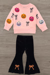Jack O' Lantern & Bows Velvet Flare Set - 6-12 Months - Pink velvet sweatshirt with colorful Jack O' Lantern faces and black bow appliqués paired with black velvet flare pants.