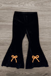 Jack O' Lantern & Bows Velvet Flare Set - 6-12 Months - Black velvet flared pants with orange bow appliques near the hem.