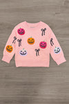 Jack O' Lantern & Bows Velvet Flare Set - 6-12 Months - Pink velvet long-sleeve sweatshirt with colorful jack-o'-lantern faces and black bow designs.