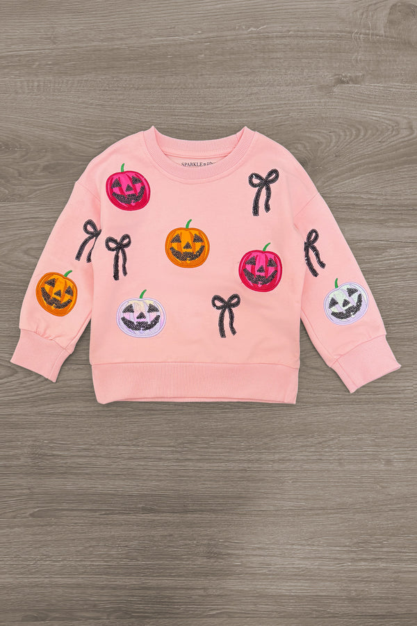 Jack O' Lantern & Bows Velvet Flare Set - 6-12 Months - Pink velvet long-sleeve sweatshirt with colorful jack-o'-lantern faces and black bow designs.