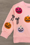 Jack O' Lantern & Bows Velvet Flare Set - 6-12 Months - Pink velvet sweatshirt sleeve with embroidered jack-o'-lanterns and black bow designs.