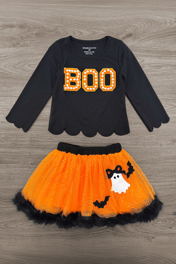 "Boo" Ghost Tutu Skirt Set - 6-12 Months - Black long-sleeve shirt with orange polka-dot "BOO" text and scalloped hem, paired with orange tutu skirt featuring black.