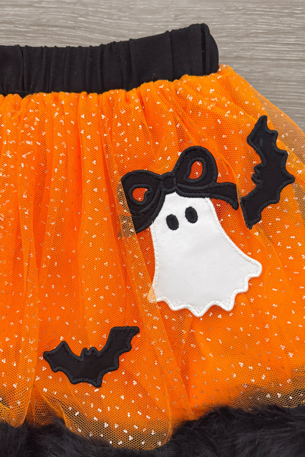 "Boo" Ghost Tutu Skirt Set - 6-12 Months - Orange tutu skirt with glitter, black elastic waistband, white ghost with bow, and black bats appliques.