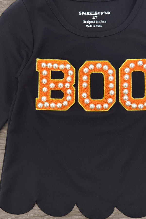 "Boo" Ghost Tutu Skirt Set - 6-12 Months - Black long-sleeve shirt with scalloped hem and orange "BOO" letters adorned with white pearls.