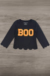 "Boo" Ghost Tutu Skirt Set - 6-12 Months - Black long-sleeve shirt with scalloped edges and orange polka-dot "BOO" text across the chest.