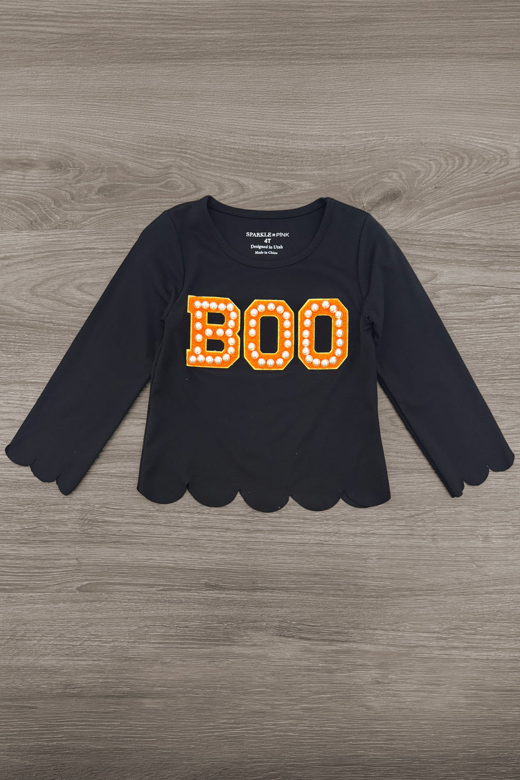 "Boo" Ghost Tutu Skirt Set - 6-12 Months - Black long-sleeve shirt with scalloped edges and orange polka-dot "BOO" text across the chest.
