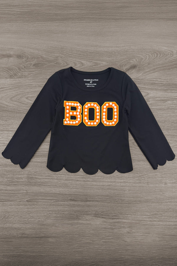 "Boo" Ghost Tutu Skirt Set - 6-12 Months - Black long-sleeve shirt with scalloped edges and orange polka-dot "BOO" text across the chest.