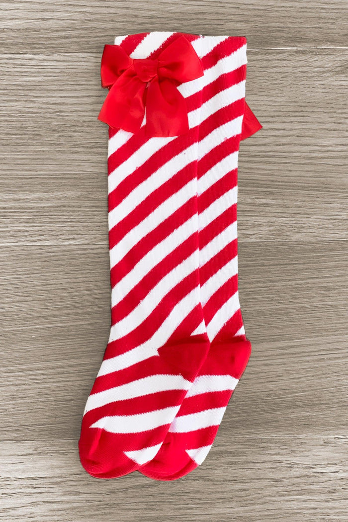 Candy Cane Silk Bow Socks - Small-3-6 years - Red and white diagonal striped knee-high socks with red silk bows at top and toes.