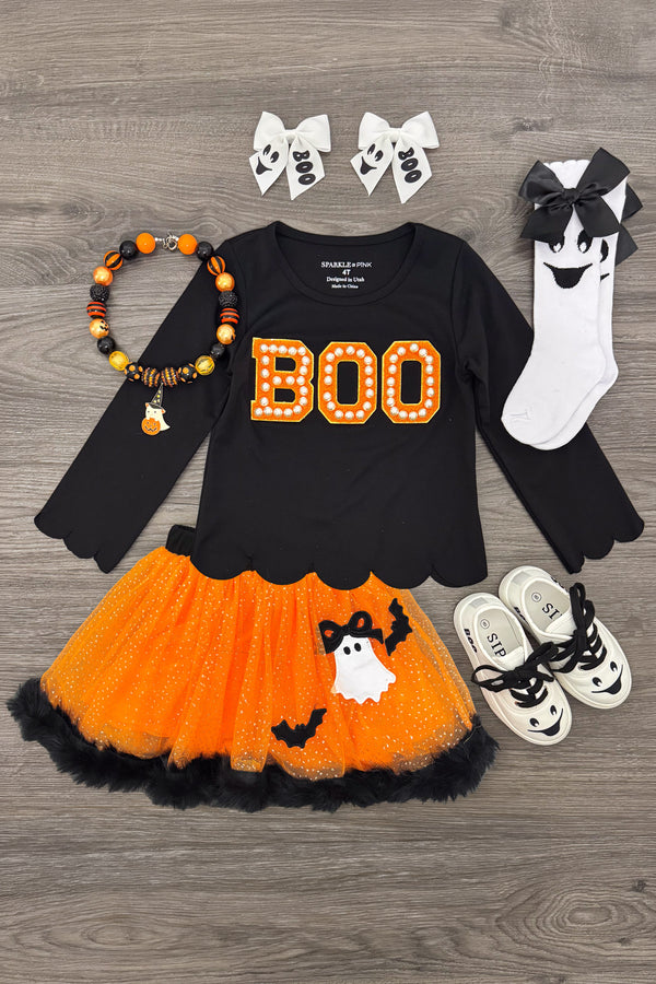 "Boo" Ghost Tutu Skirt Set - 6-12 Months - Black long-sleeve shirt with "BOO" in orange polka dots paired with orange and black ghost tutu skirt, white bows with black