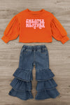 "Sweater Weather" Denim Bell Bottom Set - 6-12 Months - Rust orange cropped sweater with puffed long sleeves and white "Sweater Weather" text paired with layered denim bell bottom.