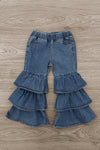"Sweater Weather" Denim Bell Bottom Set - 6-12 Months - Children’s medium blue denim bell bottom pants with triple ruffle layers and elastic waistband.