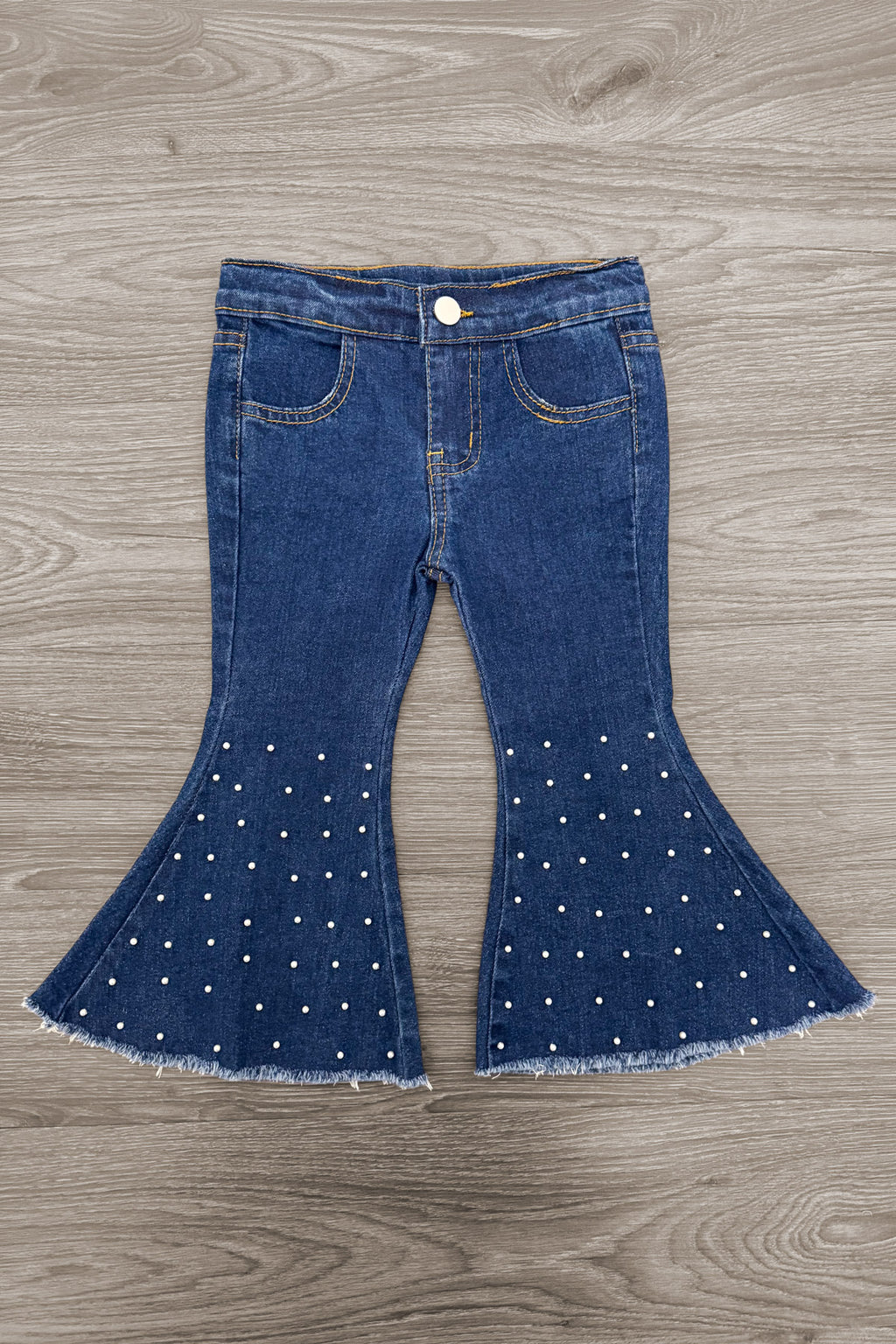 Pearl Denim Bell Bottom Pants - 6-12 Months - Dark blue denim bell bottom pants with pearl embellishments on flared legs and frayed hems.