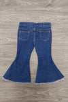 Pearl Denim Bell Bottom Pants - 6-12 Months - Mid-blue denim bell bottom pants with back pockets and raw frayed hems.