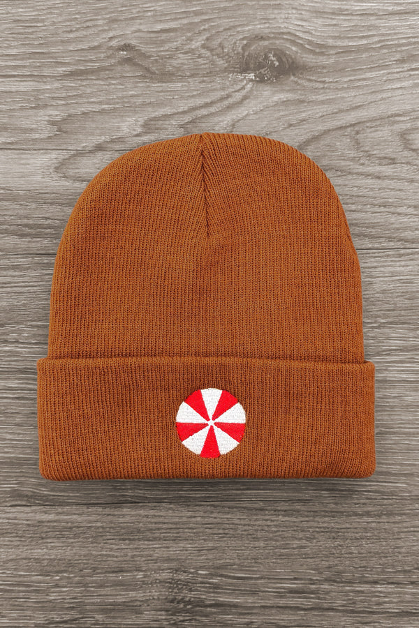 Gingerbread Beanie - 6-12 Months - 4T - Rust-colored knit beanie with folded cuff and red-and-white peppermint candy patch centered on front.