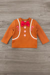 Gingerbread Man Costume - 6-12 Months - Orange long-sleeve toddler shirt styled as a gingerbread man with white icing trim, three white buttons, and a red bow tie.