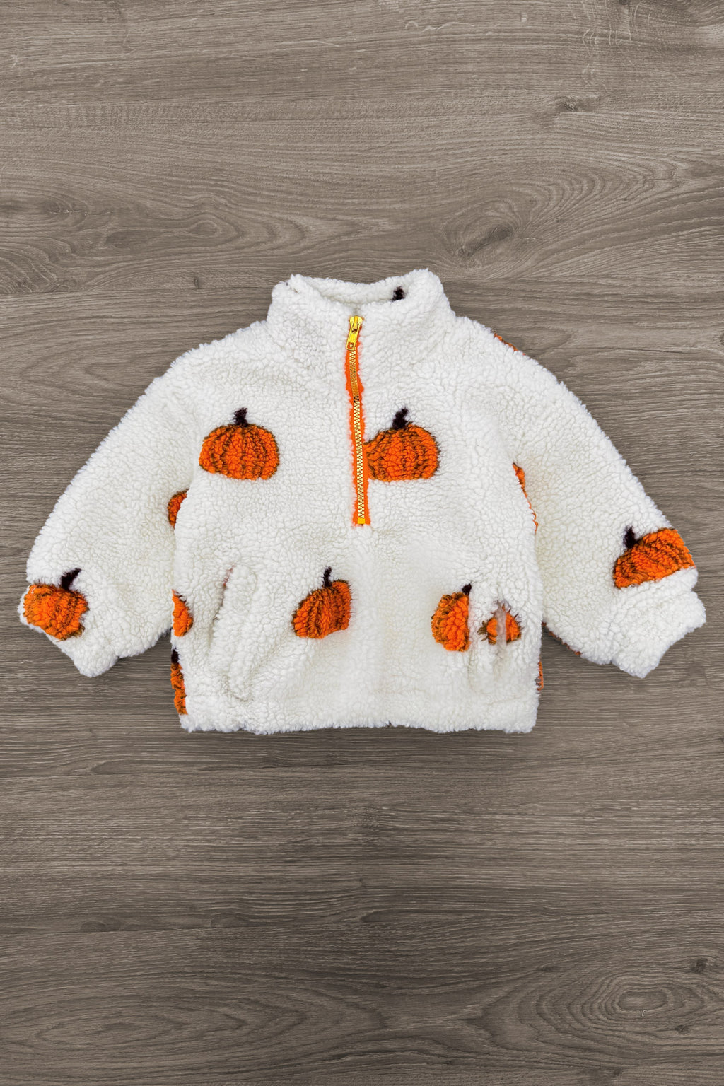 Mom & Me - Pumpkin Sherpa Pullover - CHILD-6-12 Months - Cream sherpa pullover with orange pumpkin appliqués, quarter-zip collar, and long sleeves.