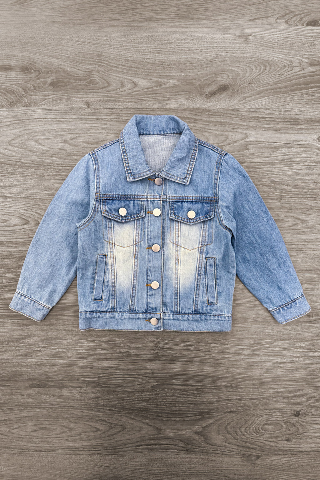 "Preschool - Sixth Grade" Denim Jacket - PRESCHOOL / 3T - Light blue denim jacket with button-front, chest pockets, and long sleeves for kids.
