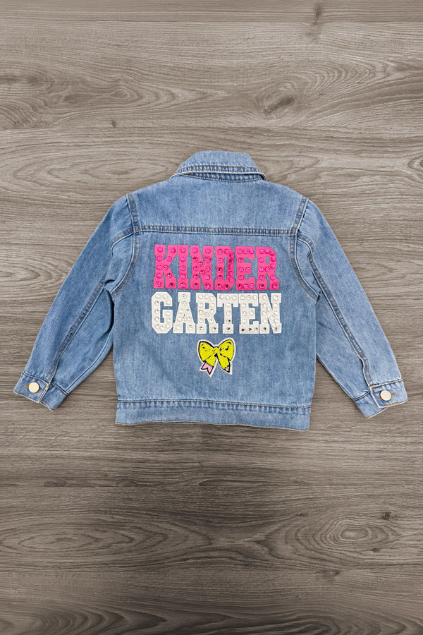 "Preschool - Sixth Grade" Denim Jacket - PRESCHOOL / 3T - Light blue denim jacket with button cuffs and colorful "KINDERGARTEN" text and a yellow butterfly on the back.
