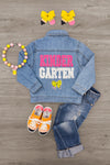 "Preschool - Sixth Grade" Denim Jacket - PRESCHOOL / 3T - Light blue denim jacket with pink and white "Kindergarten" text and yellow bee graphic on back.
