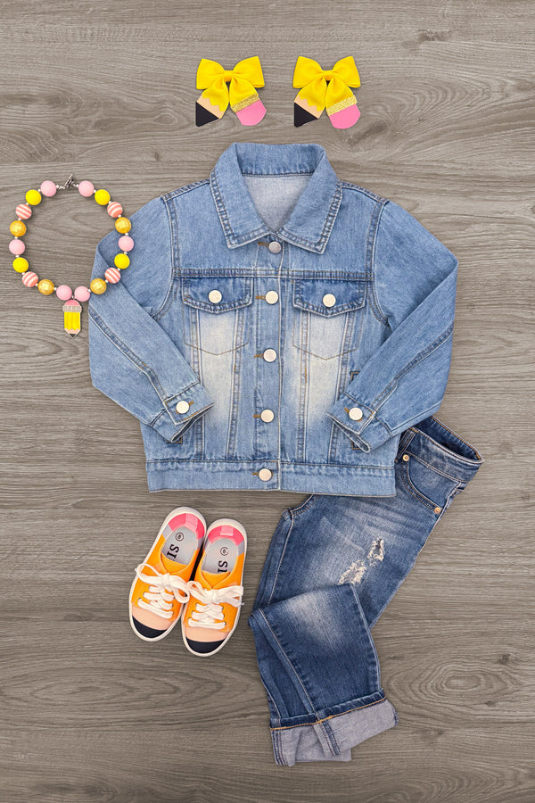 "Preschool - Sixth Grade" Denim Jacket - PRESCHOOL / 3T - Light blue denim jacket with button closure and front pockets, paired with distressed blue jeans, orange toddler sneakers,.