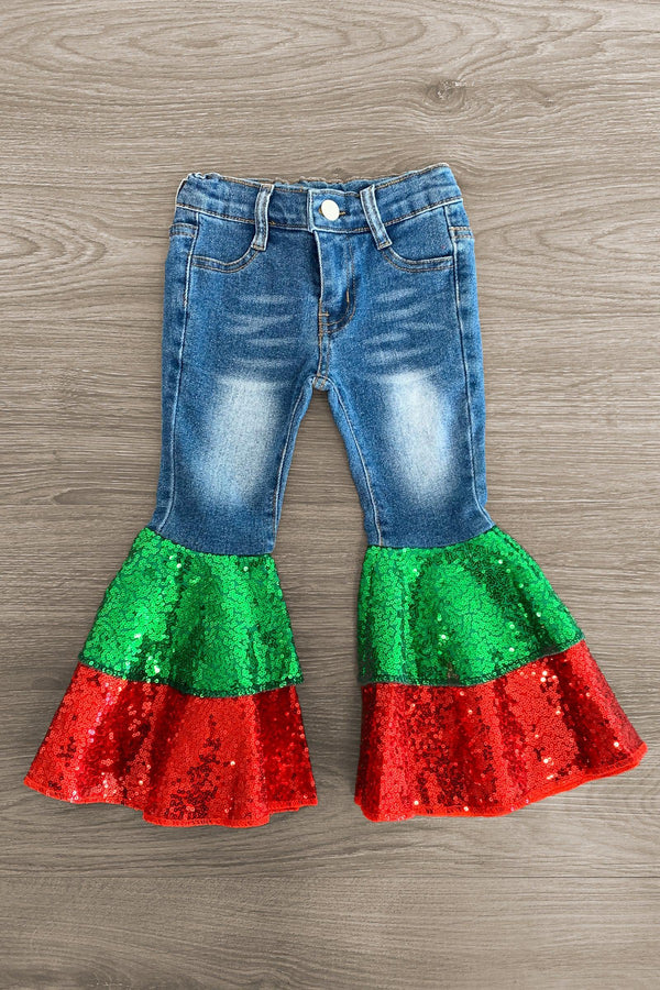 Red & Green Sequin Denim Bell Bottoms - Sparkle in Pink