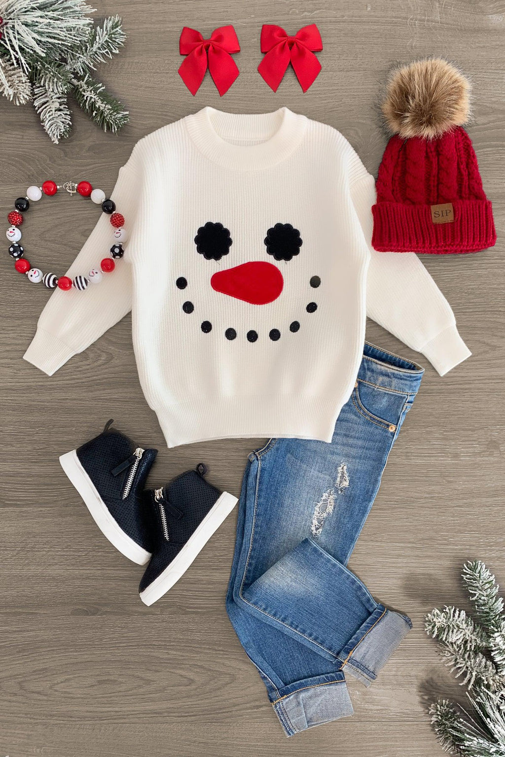 Cream Smiley Snowman Sweater - Sparkle in Pink