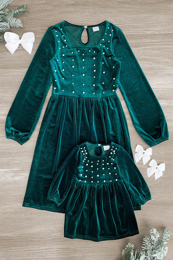 Mom & Me - Green Velvet Pearl Dress - Sparkle in Pink