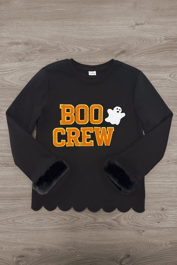 Mom & Kid - "Boo Crew" Pullover - MOM-Medium-FAMILY - Black pullover with orange "Boo Crew" text, white ghost graphic, scalloped hem, and faux fur sleeve cuffs.