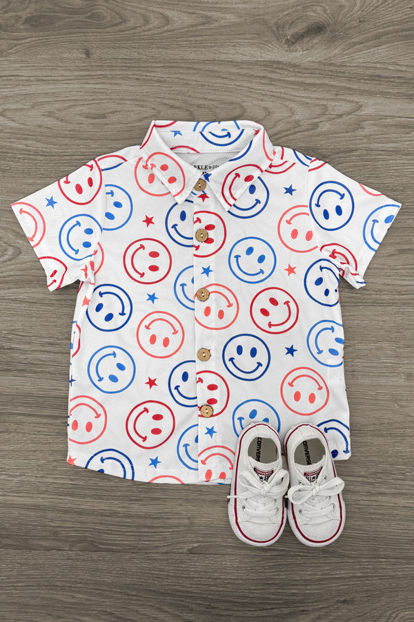 American Smiley Face Button Down Top | Sparkle in Pink
