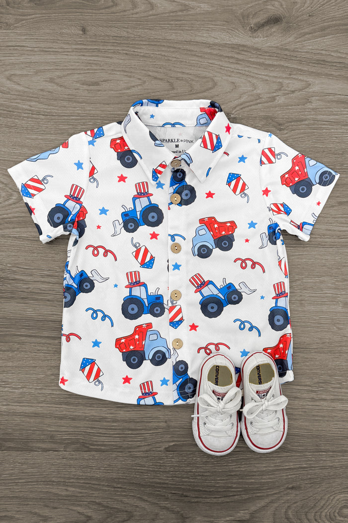 Firecrackers & Tractors Button Down Top - 6-12 Months - Short-sleeve button-down shirt with blue and red tractor and firecracker print on white background.