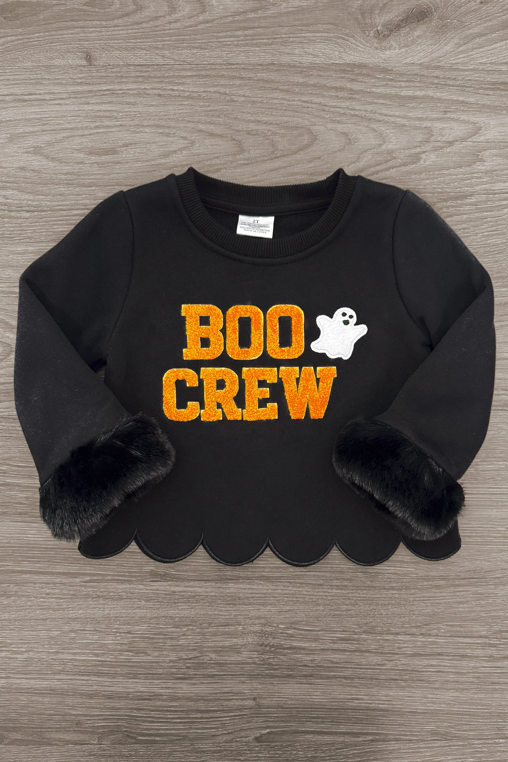 Mom & Kid - "Boo Crew" Pullover - GIRL-6-12 Months-FAMILY - Black cropped pullover with scalloped hem, orange "BOO CREW" text, white ghost graphic, and faux fur cuff detail.