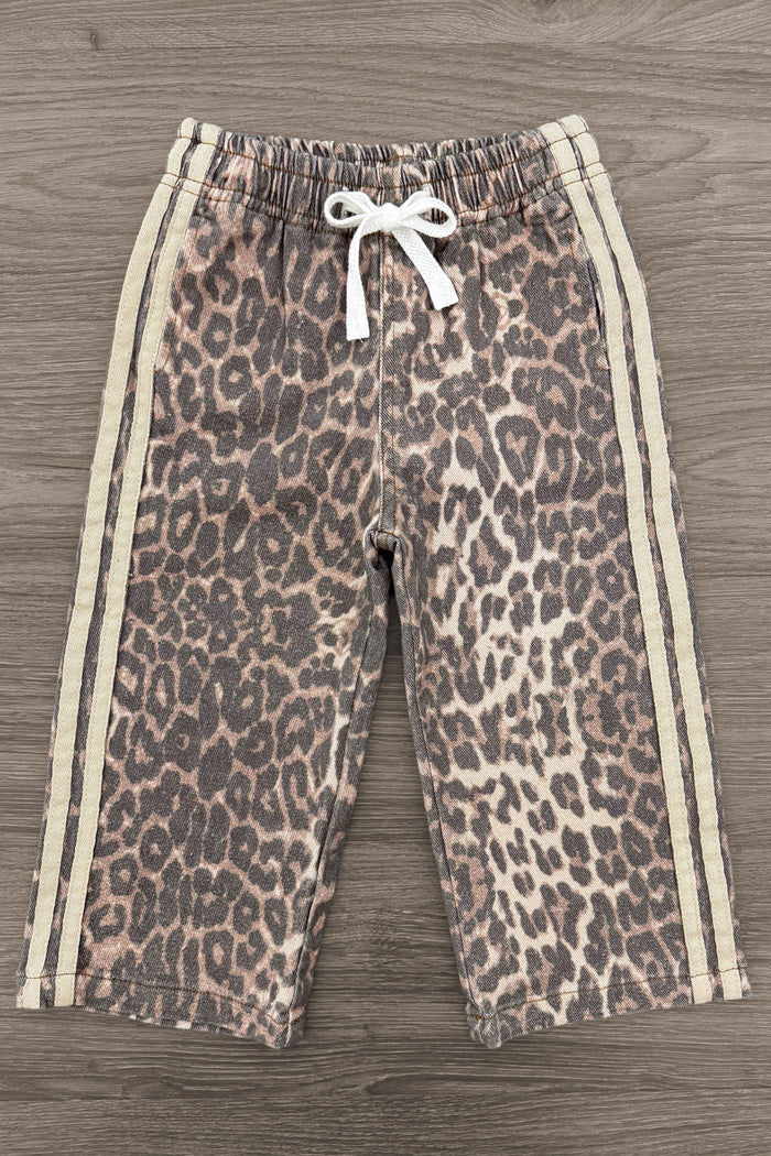 Cheetah Print Denim Pants - 6-12 Months - Brown and black cheetah print denim pants with white drawstring and beige side stripes.