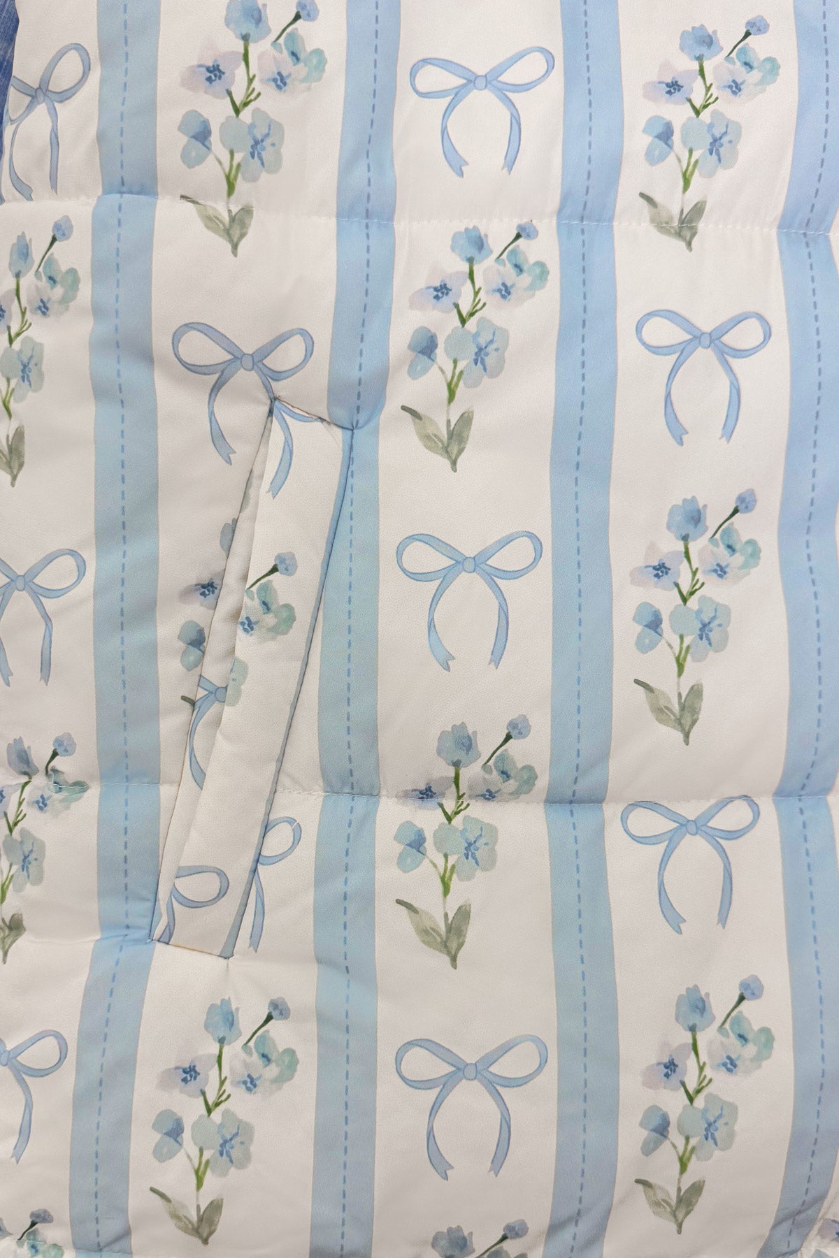Mom & Me - Blue & White Floral Bow Vest Set - CHILD-6-12 Months - Blue and white striped fabric with vertical floral and bow patterns.