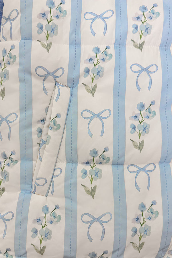 Mom & Me - Blue & White Floral Bow Vest Set - CHILD-6-12 Months - Blue and white striped fabric with vertical floral and bow patterns.