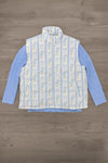 Mom & Me - Blue & White Floral Bow Vest Set - MOM-XS - Blue long-sleeve shirt paired with a sleeveless white vest featuring blue floral stripes and a front zipper closure.