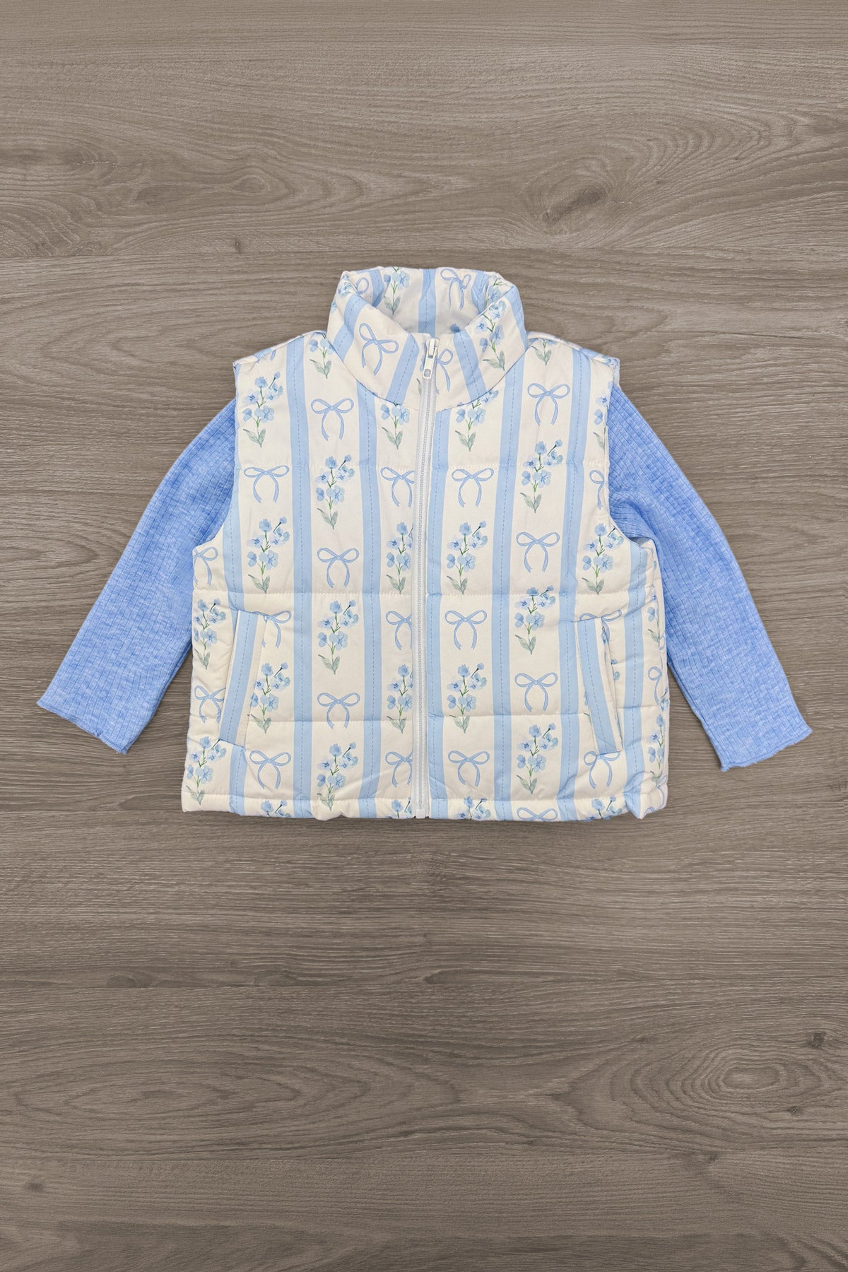 Mom & Me - Blue & White Floral Bow Vest Set - CHILD-6-12 Months - Blue and white floral vest with vertical stripes and attached light blue long sleeves.