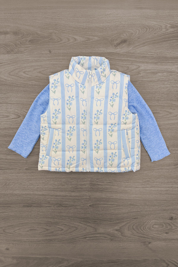 Mom & Me - Blue & White Floral Bow Vest Set - CHILD-6-12 Months - Blue and white floral vest with vertical stripes and attached light blue long sleeves.