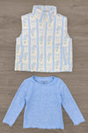 Mom & Me - Blue & White Floral Bow Vest Set - CHILD-6-12 Months - Blue sleeveless vest with white and blue floral vertical stripes paired with long-sleeve light blue ribbed top.