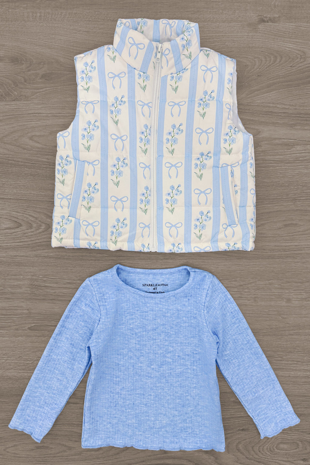Mom & Me - Blue & White Floral Bow Vest Set - CHILD-6-12 Months - Blue sleeveless vest with white and blue floral vertical stripes paired with long-sleeve light blue ribbed top.