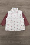 Mom & Me - White Mauve Floral Vest Set - CHILD-6-12 Months - White quilted vest with mauve floral print layered over long-sleeve purple shirt on wood floor background.