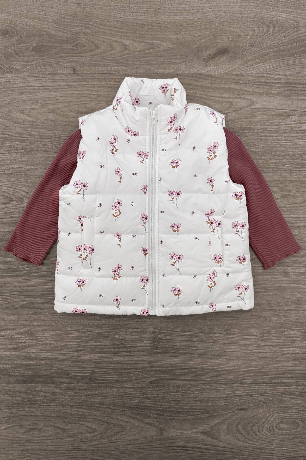Mom & Me - White Mauve Floral Vest Set - CHILD-6-12 Months - White quilted vest with mauve floral print layered over long-sleeve purple shirt on wood floor background.