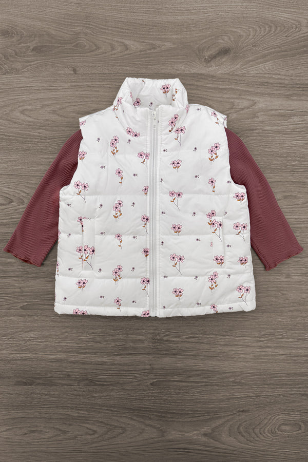 Mom & Me - White Mauve Floral Vest Set - CHILD-6-12 Months - White quilted vest with mauve floral print layered over long-sleeve purple shirt on wood floor background.
