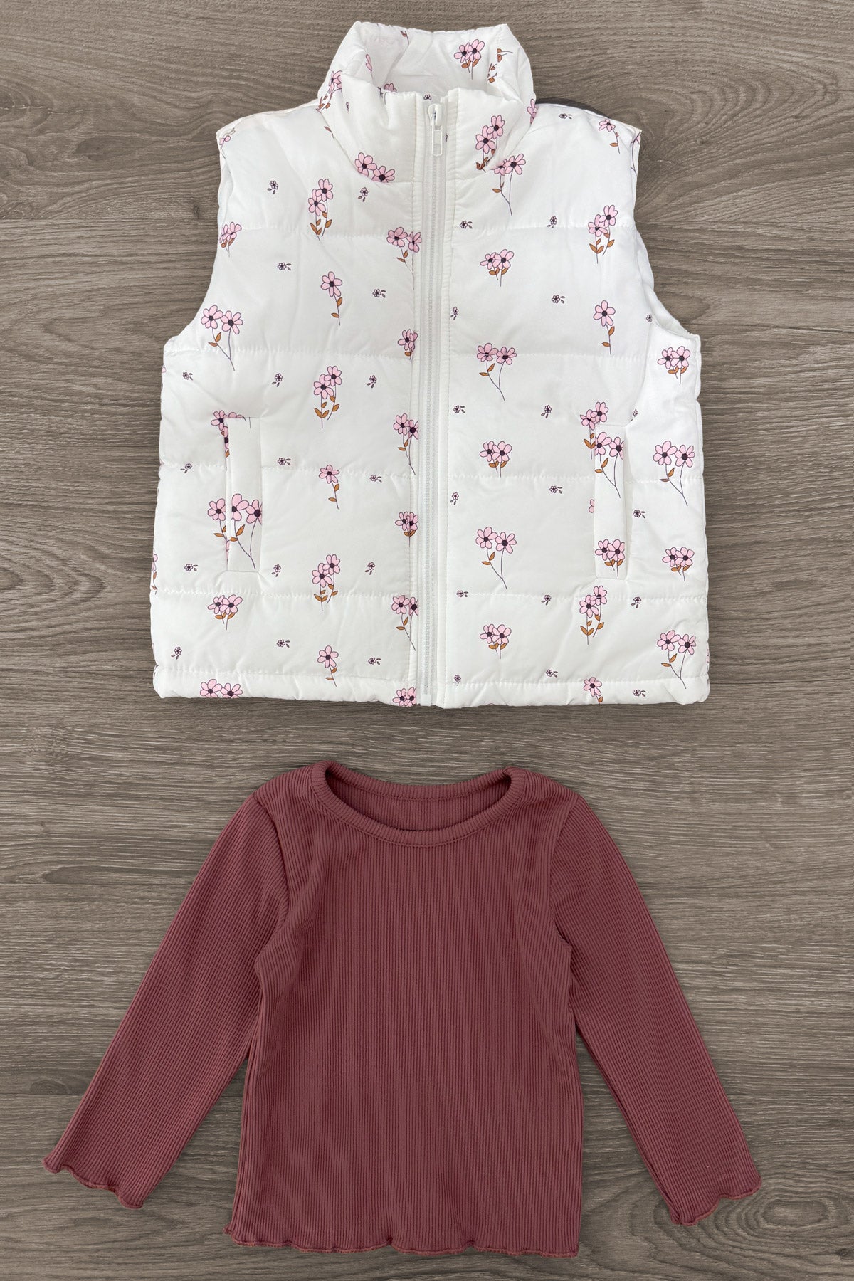 Mom & Me - White Mauve Floral Vest Set - CHILD-6-12 Months - White quilted vest with pink and purple floral print paired with mauve long-sleeve ribbed shirt.