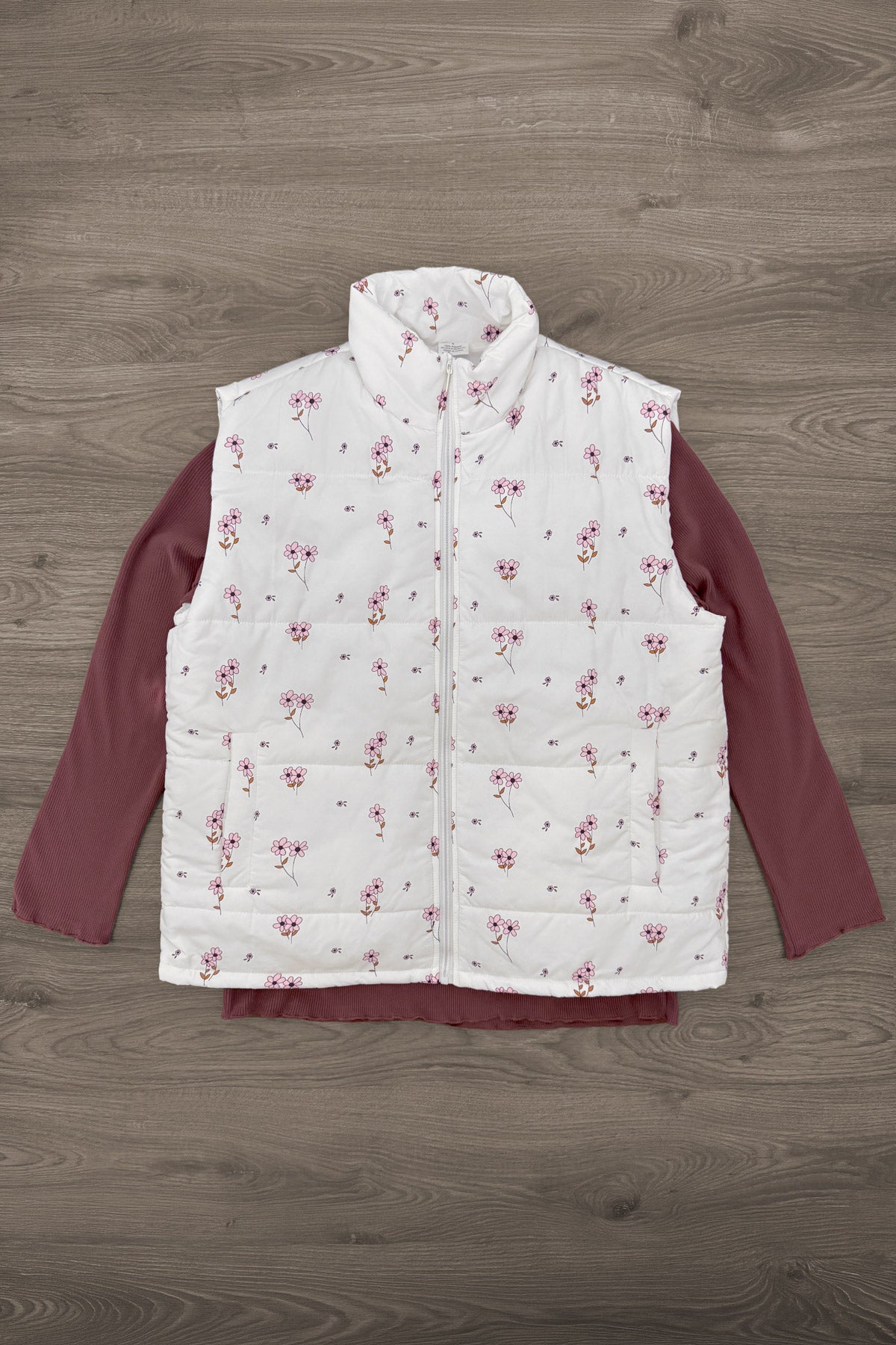 Mom & Me - White Mauve Floral Vest Set - MOM-XS - White quilted vest with mauve floral print layered over long-sleeve mauve shirt on wood floor background.