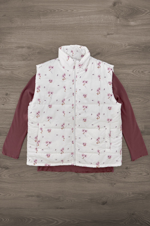 Mom & Me - White Mauve Floral Vest Set - MOM-XS - White quilted vest with mauve floral print layered over long-sleeve mauve shirt on wood floor background.