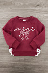 Mom & Me - "Mama & Mini" Burgundy Pullover Sweater - CHILD-6-12 Months - Burgundy pullover sweater with white "mini" script and bow graphic, ribbed cuffs, and white side lace-up details.