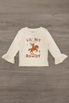 "Lil' Bit Rowdy" Suede Skirt Set - 6-12 Months - Cream long-sleeve toddler top with rust orange cowboy graphic and ruffled cuffs.