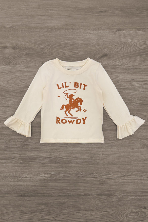 "Lil' Bit Rowdy" Suede Skirt Set - 6-12 Months - Cream long-sleeve toddler top with rust orange cowboy graphic and ruffled cuffs.